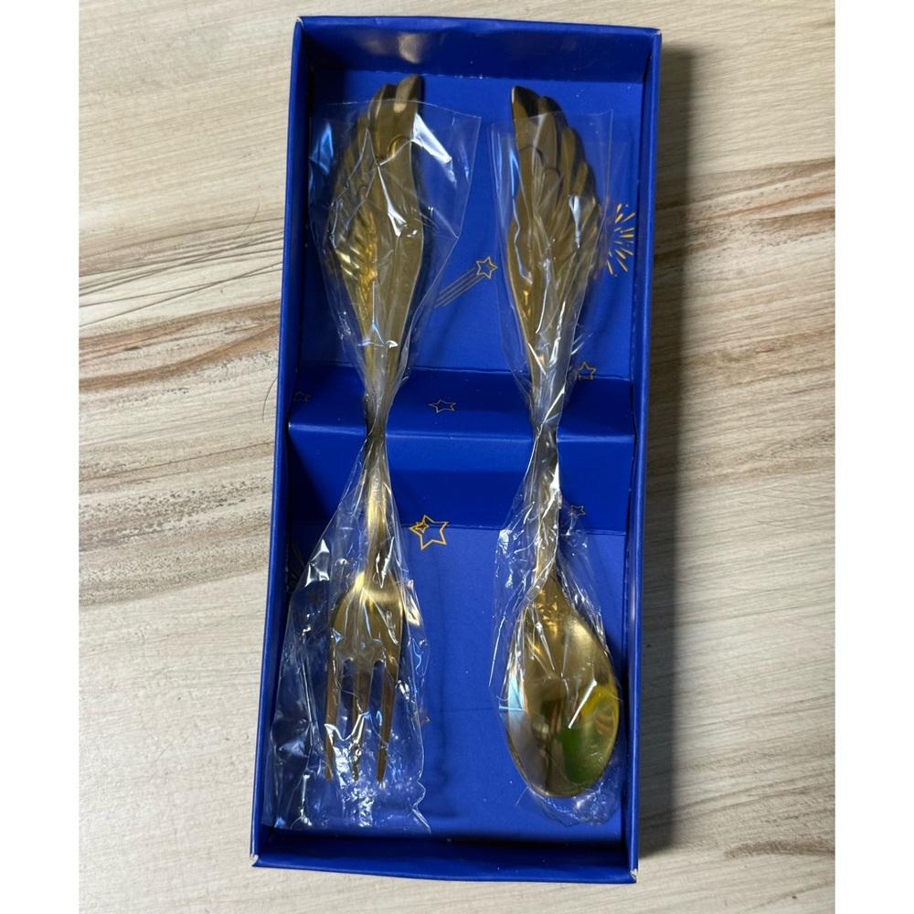 NIB Angels Wings Baby Spoon and Fork Gift Set Gold Tone Stainless Steel - Picture 8 of 10